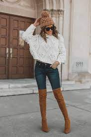 Cute Holiday Look White Sweater Otk Boots Pom Beanie 1000 Nordstrom Giveaway Leah Behr Knit Sweater Outfit Knit Sweater Outfit Winter Casual Winter Outfits