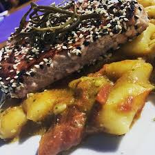 Arrange potatoes on half of a greased sheet pan. Tuna Steak A Fantastically Baked Steak To Which A Special Note Of Autochthony Is Given By Motar And As A Side Dish A Great Homemade Gnocchi In A Sauce With Dried