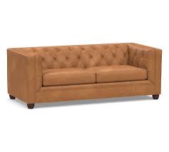 Quinones 54'' wide rolled arm chesterfield loveseat andover mills™ fabric: Chesterfield Square Arm Leather Sofa Polyester Wrapped Cushions Churchfield Camel Pottery Barn