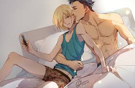 2y, otabek altin, yuri plisetsky, yuri!!! on ice, 10s, 2boys, animal print,  arm around waist, bed, black hair, blonde hair, blush, boxers, brown eyes,  cellphone, dutch angle, green eyes, hair over one