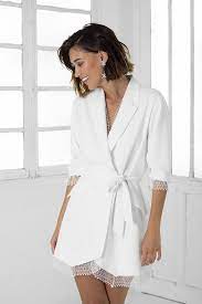 Short White Blazer Wedding Dress With Tulle Details And Belt Rehearsal Dinner Outfits Minimalist Wedding Dresses Dresses