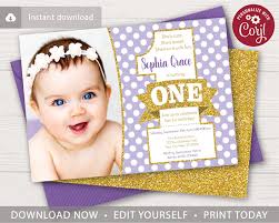 Unique first birthday invitations by independent artists. Purple And Gold 1st Birthday Invitation Puggy Prints