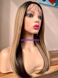 Golden blonde brown wig balayage 20 inch long straight lace front middle  part