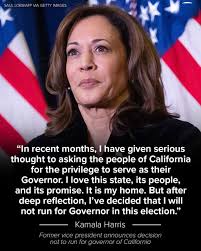 😁breaking news California is safe BREAKING: Former Vice President Kamala  Harris has announced that she will not run for governor of California.