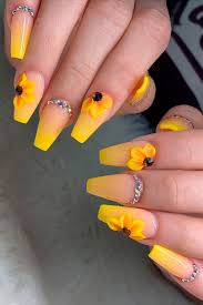 Coffin Shaped Black Sunflower Acrylic Nails Press On Nails Coffin Shaped Yellow Ombre Nails With Sunflower Design In 2020 Short Coffin Nails Designs Coffin Shape Nails Ombre Nails