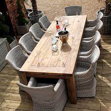 Beautiful dining sets or dining tables in a choice of high quality modern outdoor materials, including teak, weatherproof rattan, aluminium, stainless steel, and natural stone and slate. 10 Seater Dining Set 280cm Reclaimed Teak Outdoor Table Lowry