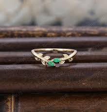 Vintage Emerald Curved Wedding Band Unique Yellow Gold Open Ring Women  Marquise Emerald Vine Leaf Band Bridal Stacking Band Matching Gift