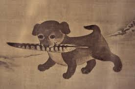 Puppy Playing With Pheasant Feather Korean Art Art Pet Birds