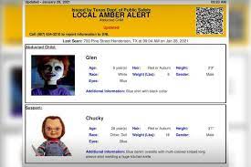 Authorities do not have a authorities are searching for a white 2019 toyota tacoma with a texas license plate number with. Officials Accidentally Send Amber Alert Featuring Chucky Doll