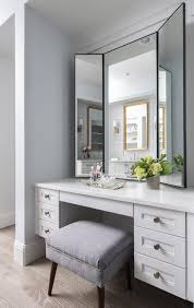 Gray Bench At Floating Makeup Vanity Transitional Bathroom