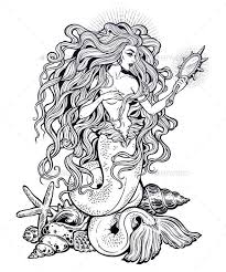 Black And White Mermaid Mermaid Girl With Fairytale Magic Mirror In 2020 With Images Mermaid Tattoo Designs Mermaid Drawings Mythology Tattoos