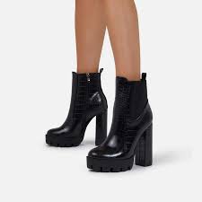Leighton Chunky Cleated Sole Block Heel Platform Ankle Biker Boot In Black Croc Print Faux Leather Ego