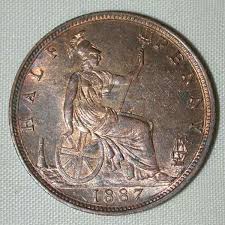 beautiful toned bronze coin 1887 half penny from great