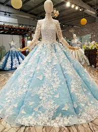 Blue Ball Gown Tulle Long Sleeve High Neck White Appliques Luxury Wedding Dress Ball Gowns Gowns Lacy Wedding Dresses
