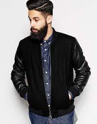 90 Asos Brand Wool Bomber Jacket With Leather Look Sleeves Wool Bomber Jacket Denim Wool Jacket Distressed Leather Jacket
