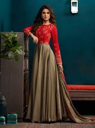 Jennifer Winget Style Chikoo Gown Suit Online Which Is Crafted From Silky Georgette And Silk Fabric With Excl Designer Anarkali Designer Dresses Indian Fashion