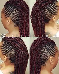 A braids and mohawk hairstyle combined is an awesome display of protective styling and bold uniqueness. Braided Mohawk Mohawk Mohawk Braids Marley Twists Havana Twists Ombre Twists Feed In Brai Braided Mohawk Hairstyles Mohawk Braid Styles Hair Styles