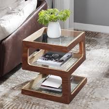 Modern Unique Square Side Table Storage End Table With Shelf 3 Tier Tempered Glass Walnut Veneer In 2020 Unique End Tables Square Side Table Table Decor Living Room