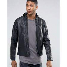 Brave Soul Faux Leather Hooded Biker Jacket With Ribbed Shoulders 68 Liked On Polyvore Featuring Hooded Jacket Men Mens Zip Up Jackets Sherpa Lined Jacket