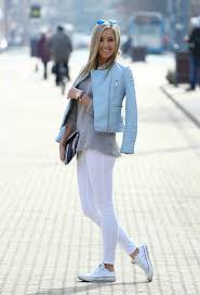 Women S Light Blue Quilted Leather Biker Jacket Grey Crew Neck Sweater White Leggings White Low Top Sneakers Blue Leather Jacket Leather Jacket Outfits Fashion