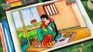 Village Women Working Scenery Drawing Embroidery Quilt Sewing Drawing Easy Animal Drawings Acrilic Paintings Oil Pastel Paintings