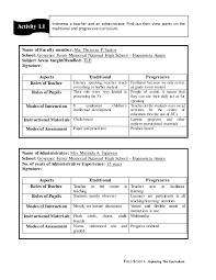 H Chart Of Traditional And Progressive Curriculum