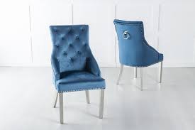 The neutral deep grey brushed velvet upholstery will purposefully enhance a wide variety of interior design approaches but will never fail to stand out to. Large Blue Velvet Knockerback Ring Dining Chair With Chrome Legs Cfs Furniture Uk