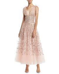 Oscar De La Renta Sleeveless V Neck Sequin Loop Embroidered Tulle Tea Length Cocktail Dress Tea Length Cocktail Dresses Designer Cocktail Dress Casual Cocktail Dress
