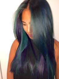 Oil Slick Hair Green Purple Blue On Black Hair Pale Skin Hair Color Oil Slick Hair Black Hair Green Eyes