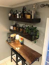 coffee bar and floating shelves i made for our kitchen top is black walnut are stained home decor bathroom bookshelf