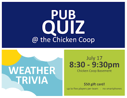 Pub Quiz The Chicken Coop Tuesday July 17 2018 From 8 30 9 30pm This Month S Theme Is Weather Trivia Pub Quiz Kearney Event