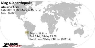 Terremoto moderado mag. 4.0 - Offshore Atacama, Chile, sábado 9 may 2026 a las 19:06 (GMT -4) - hace 6 horas