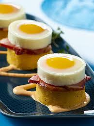 Polenta cakes with crab and eggs benedict: Stacked Egg Polenta Benedict American Egg Board