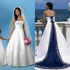 Discountstrapless Sleeveless White And Blue Wedding Dresses A Line Satin Arabian Bandage Women Embroidery Court Train Long Bridal Gown Vt From Victoriadress 1 Blue Wedding Dress Royal Sheer Wedding Dress Wedding