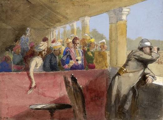 The Prince of Wales Visit to India 1876: Madras racecourse, near Guindy Park, 15 December. The Prince in his box watching a race through field-glasses. - Illustration History