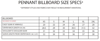 Pennant Sportswear Billboard Size Chart Tennessee Shirt