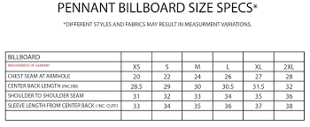 pennant sportswear billboard size chart tennessee shirt