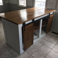 Custom Shiplap Kitchen Island With Sliding Barn Doors And Food Prep Ready Counter Top Painted White Shiplap Kitchen Freestanding Kitchen Kitchen Island Plans