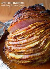 Apple Stuffed Baked Ham With Honey Mustard Glaze On Aspicyperspective Com Ham Easter Holiday Ham Recipes Baked Honey Recipes Ham Recipes
