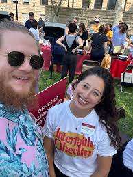 YOUNG ADULT NEWS: This past Monday, Youth & Young Adult/College Minister  Ben Holcomb (pictured with Samia Mansour, Assistant Dean & Director, Office  of Spiritual Life) participated in Oberlin College's Resource Fair for