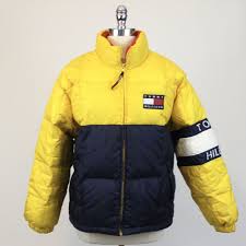 Tommy Hilfiger Rare Big Logo Puffer Down Yellow Winter Jacket Vintage 90s Mens L Winter Jackets Tommy Hilfiger Tommy Hilfiger Jackets