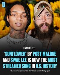 Sunflower” by Post Malone and Swae Lee is now the most streamed song in  U.S. history 🤯 The song sits at just over 3.96 billion streams. The song  dethroned Lil Nas X's “