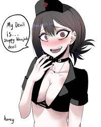 higashiyama kobeni, chainsaw man, highres, 1girl, black hair, breasts,  brown eyes, choker, cleavage, crop top, english text, fang, hair between  eyes, hat, kanyearts, meme, nail polish, nurse, nurse cap, sloppy blowjob  devil (