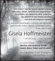 Traueranzeigen Von Gisela Hoffmeister Www Abschied Nehmen De