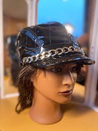 Burberry QUILTED Black Patent Leather Cap! W/NOVA CHECK & Chain Details!  EUC!