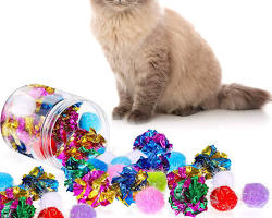 variety of colorful and decorated plastic bottle cat toysの画像
