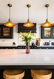 Dark Kitchen With Brass Pendant Lights Kitchen Design Kitchen Interior Dark Kitchen