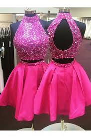 Two Pieces Sequins Short Hot Pink Prom Evening Homecoming Cocktail Dresses 3020119 Hot Pink Prom Dress Two Piece Homecoming Dress Red Homecoming Dresses