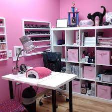 On My Table I Have A Glass Pink Skull With Samples A Mini Fan My Yn99 E File And My Sunflower Lamp I Specialize I Home Nail Salon Nail Salon Decor Nail