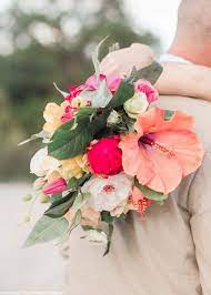 Silk Flowers Hibiscus Spray In Orange Coral 26 Tall Tropical Wedding Bouquets Beach Wedding Flowers Fresh Wedding Flowers